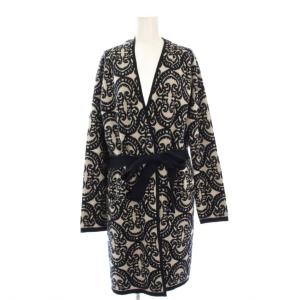 ロングニットカーディガン 長袖 総柄 カシミヤ混 M 紺 /KH