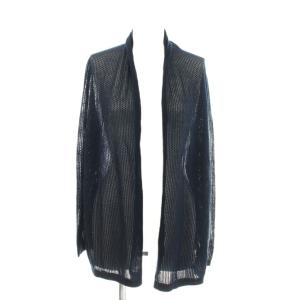 カーディガン 絹 シルク L ネイビー 透かし編み オープンフロント 長袖 /JP