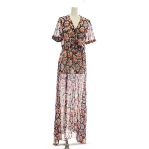 ワンピース 絹 シルク 38 紺 オレンジ 総柄 半袖 ロング丈 /JP