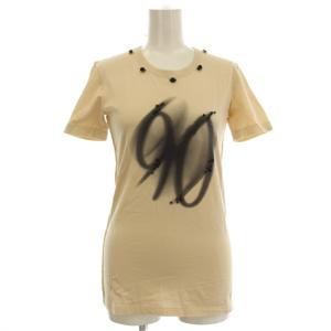 Tシャツ 36 ベージュ 半袖 スプレーペイント風プリント ビーズ装飾 /JP