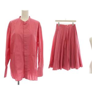セットアップ 膝丈スカート プリーツ F ピンク 立ち襟 長袖 シャツ /JP