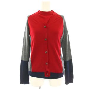 NAVY アンサンブルニット カットソー カーディガン 長袖 ウール 薄手 S 紺 ネイビー 赤 レッド