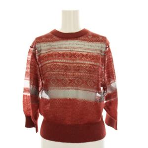 シアー ニット カットソー シースルー 七分袖 総柄 赤 黒 /YM