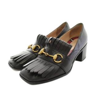 パンプス ホースビットローファー スクエアトゥ チャンキーヒール レザー 36 黒 ブラック 443406