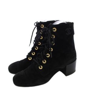 CHANEL レースアップブーツ スエード ココマーク 38C ブラック G35174