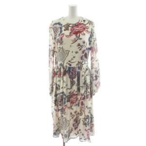 ワンピース ロング 長袖 花柄 シルク 絹 4 マルチカラー ピンク 青 ブルー 赤 レッド 白 ホワイト