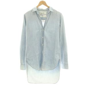 デニムシャツ ロングシャツ ブラウス チュニック USED加工 スキッパー 長袖 S 水色 ライトブルー