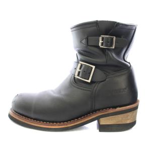 ショートエンジニアブーツ ローヒール レザー ベルト US6.5 26.5cm 黒 ブラック /BB