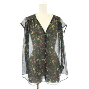 シャツ ブラウス F 黒 マルチカラー 花柄 Vネック フレンチスリーブ /JP
