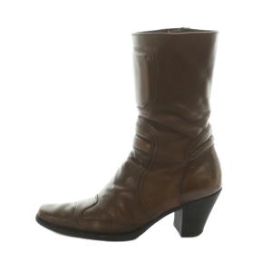 ショートブーツ スクエアトゥ チャンキーヒール レザー 36.5 23.5cm 茶 /MI