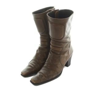 miumiu ショートブーツ スクエアトゥ チャンキーヒール レザー 36.5 23.5cm 茶 /MI