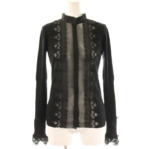 カーディガン レース装飾 長袖 カシミヤ シルク混 黒 /NR