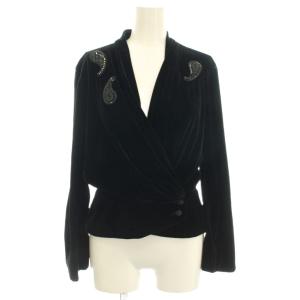 ベロア ノーカラージャケット ビジュー 7 黒 ブラック 208701 /G