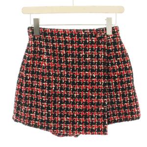 ショートパンツ キュロット ミニ ツイード 千鳥格子柄 ジップフライ M 赤 レッド 黒 ブラック 白