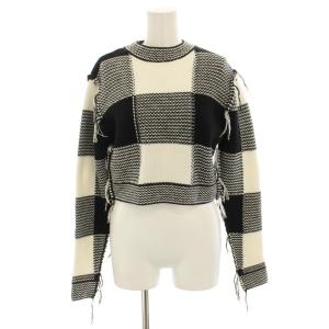 フリンジギンガムセーター ニット 長袖 ショート丈 ギンガムチェック F 白 ホワイト 黒 ブラック SL194041009