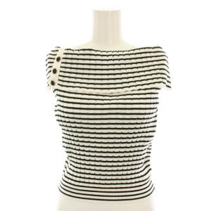 ニット セーター オフショルダー 半袖 ボーダー柄 リブニット 絹 シルク混 F 白 ホワイト 黒 ブラック