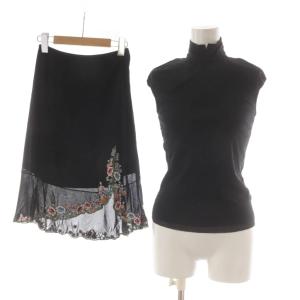 セットアップ カットソー スカート ノースリーブ 0 黒 ブラック 花柄 刺繍 スタンドカラー /AU