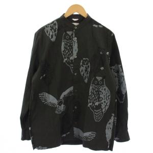 シャツ 長袖 バンドカラー フクロウ柄 L 黒 /BM