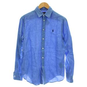 リネン シャツ ブラウス 長袖 麻 S 青 ブルー /G