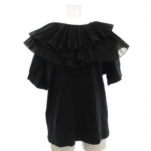 Tシャツ M 黒 プリーツフリル付け襟 ラウンドネック 半袖 /JP