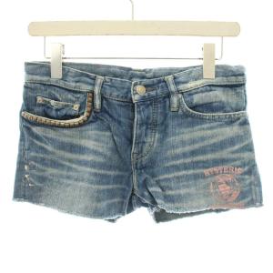 ショートパンツ デニムパンツ ボタンフライ ロゴ ヒスガール ペイント カットオフ 麻 リネン混 S 青