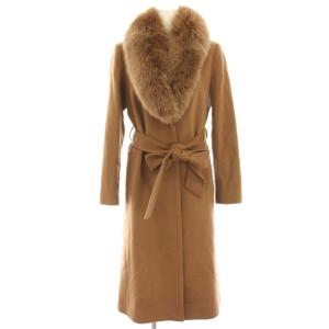 コート 36 茶 ブラウン ウール カシミヤ混 フォックスファー リボンベルト ロング /HN