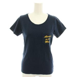 Tシャツ カットソー ラウンドネック 半袖 ロゴ ヒスガール プリント 麻 リネン FREE 紺 ネイビー