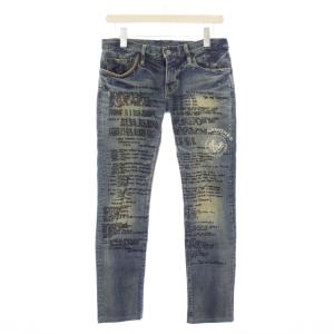 JEANS デニムパンツ ジーンズ ボタンフライ スタッズ 装飾 プリント ロゴパッチ S 青 ブルー