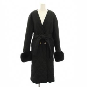 ファー付キルトコート ノーカラーコート アウター リボンベルト フォックスファー 36 黒 ブラック 39469222