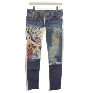 JEANS デニムパンツ ジーンズ ジップフライ プリント ロゴパッチ S 水色 ライトブルー /BB