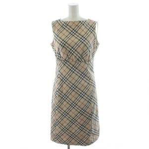 ノバチェック ワンピース ノースリーブ ひざ丈 38 ベージュ FM506-359 /AN46