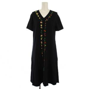 18AW ニット ワンピース 半袖 ミモレ丈 Vネック 花柄刺繍 シルク カシミヤ M 黒 /BM