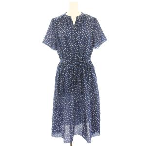 ワンピース 38 青 ブルー 水玉 ドット 半袖 ミモレ ロング リボンベルト /HN