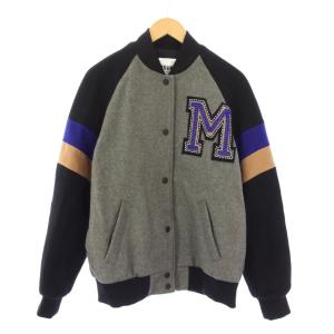 スタジャン ジャケット アウター ショート丈 ロゴ 装飾 ウール 40 グレー 黒 ブラック /BB