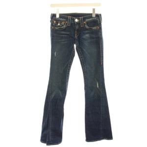 デニムパンツ ジーンズ 25 インディゴ フレア ダメージ加工 ステッチ ローライズ /HN