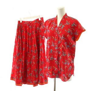 セットアップ シャツ ブラウス 半袖 フレアスカート ロング丈 花柄 M 赤 レッド /AN63