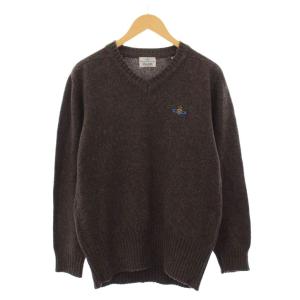 ニット セーター 長袖 Vネック オーブ ロゴ 刺繍 ワンポイント ウール M 茶 ブラウン /BB