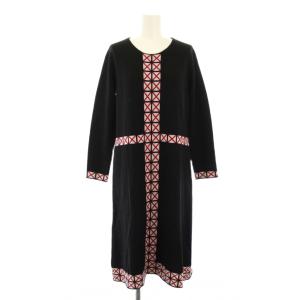 クロスタイルニットドレス フレアワンピース ひざ丈 長袖 クルーネック ウール M 黒 ブラック GBACA-01600