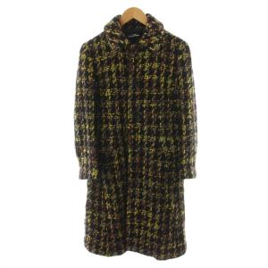 AD2001 ステンカラーコート ロング丈 ツイード アウター モヘヤ混 S 黄 イエロー 黒 ブラック