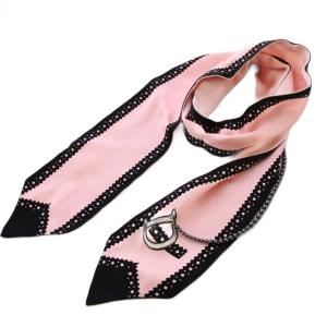 スカーフ シルク ロゴ プリント パール 装飾 ピンク 黒 ブラック /BB OH