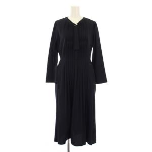 25SS ボウタイプリーツワンピース フレア ミモレ ロング 長袖 ストレッチ 36 紺 ネイビー CWFO251002