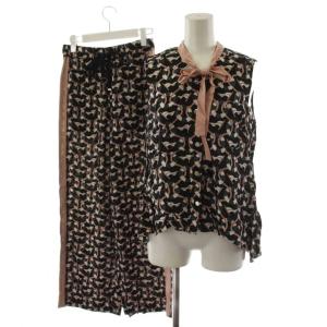 セットアップ シャツ ブラウス ノースリーブ イージーパンツ 総柄 36 ピンク 黒 ブラック 0220241062