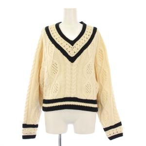 フラワーケーブルニットトップ 長袖 Vネック バイカラー 36 アイボリー 黒 ブラック 19143213