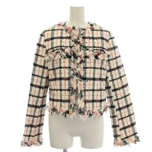 ツイード ノーカラージャケット チェック F 白 黒 オレンジ 231010 /G