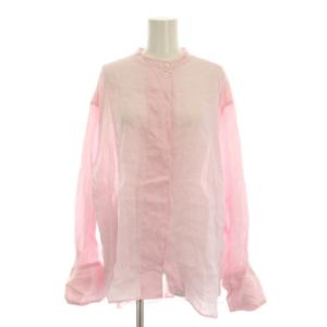 シアー シャツ ブラウス シースルー リネン F ピンク バンドカラー 無地 長袖 GAH-05130-A