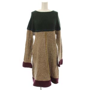 ワンピース ウール 40 茶 緑 紫 長袖 カラーブロック ボートネック /JP
