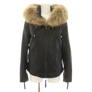 レザージャケット 革ジャン アウター フード ラムレザー ラクーンファー S 黒 ブラック 茶 ブラウン