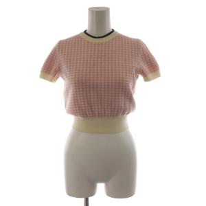 ニット セーター 半袖 千鳥格子 ウール 36 ピンク