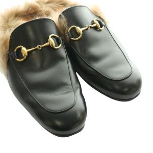 GUCCI PRINCETOWN ホースビット レザースリッパ ラムファー 6 ブラック ブラウン
