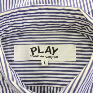 PLAY Comme des Garçons AD2022 カジュアルシャツ 長袖 レギュラーカラー ハートロゴ ストライプ柄 L 白 ホワイト 青